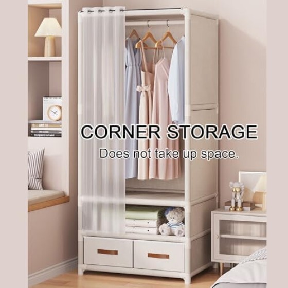 Rak lemari pakaian dua baris dengan laci hitam individual untuk memudahkan penataan dan menghemat ruang.